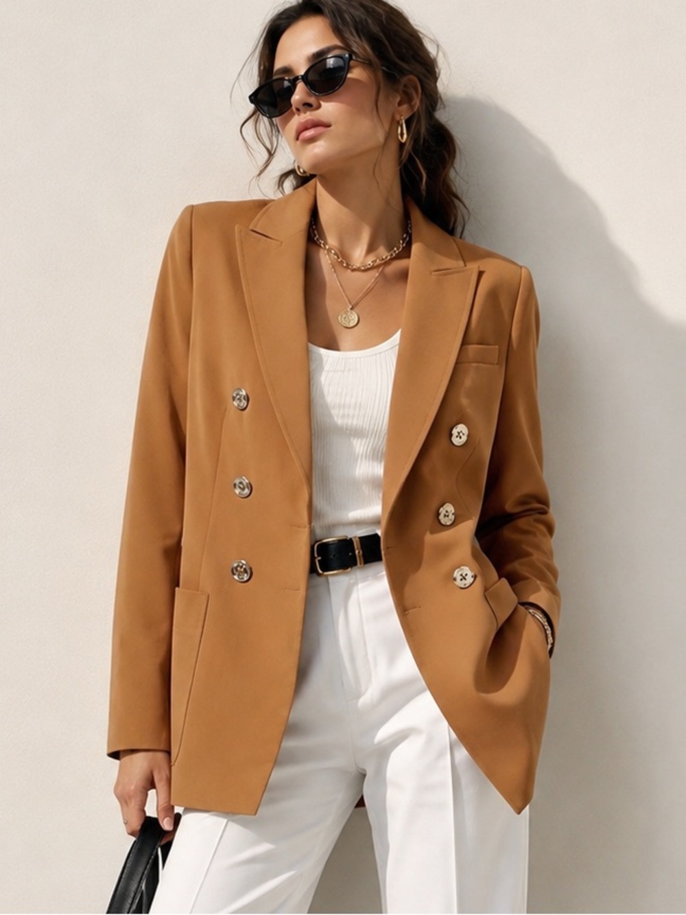 Tommy Hilfiger Women's Camel Double-Breasted Blazer with Hook Closure